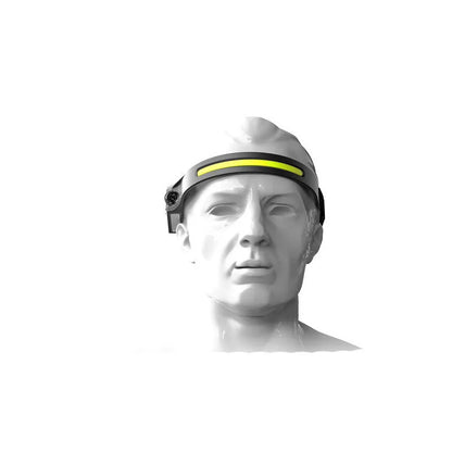 Black silicone USB rechargeable headlamp with a wide COB LED lens and a side wave sensor.