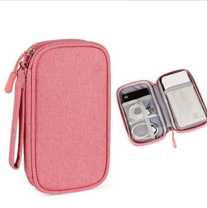 Light grey portable buggy bag for cable storage measuring 19x11x3cm with handbag-type shape