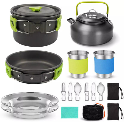 Camping cooker set with teapot, frying pan, and stainless steel utensils for outdoor dining