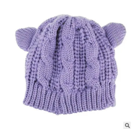 Handmade 3D cat ear knitted beanie in multiple colours showing 25cm width and 22cm height dimensions