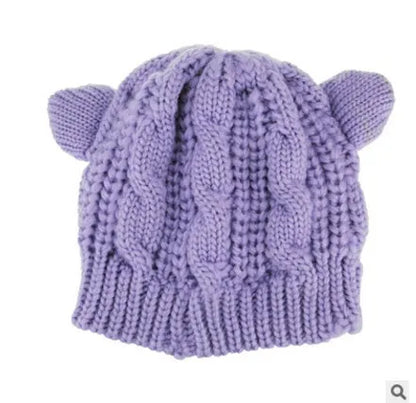 Handmade 3D cat ear knitted beanie in multiple colours showing 25cm width and 22cm height dimensions