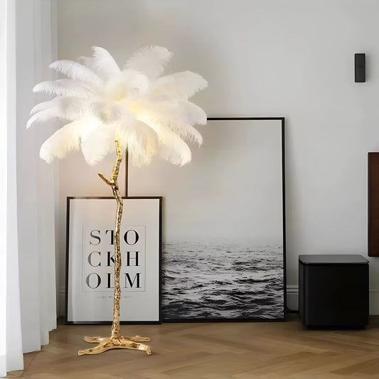 Tall decorative floor lamp with 32 resin feathers in living room setting
