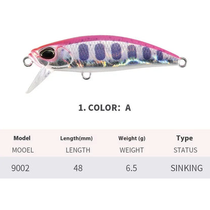 Japanese fishing lure with submerged mino design, 48mm length, 6.5g weight, shown in multiple colour variations