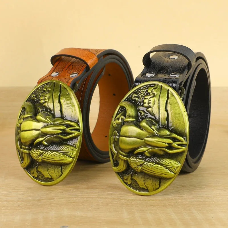 Men's brown imitation leather belt with an embossed alloy cow head pin buckle fastened on trousers.
