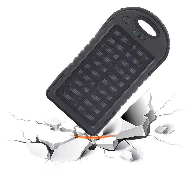 Portable solar charger with 4000mAh battery in black, compact and durable for outdoor use