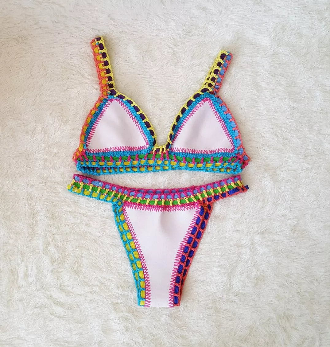 Hand crochet colorful bikini set with spell color rubber accents, available in multiple sizes and colors.