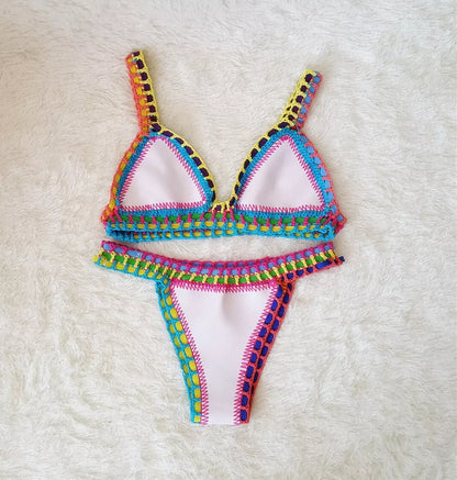 Hand crochet colorful bikini set with spell color rubber accents, available in multiple sizes and colors.