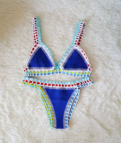 Hand crochet colorful bikini set with spell color rubber accents, available in multiple sizes and colors.