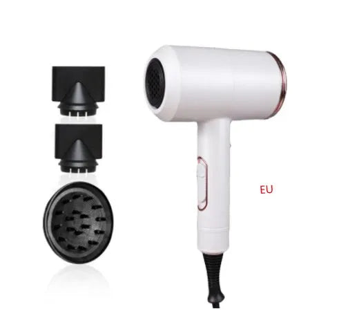 Black hotel hair dryer with 2.5m cable, concentrator nozzle, and multiple international plug adapters