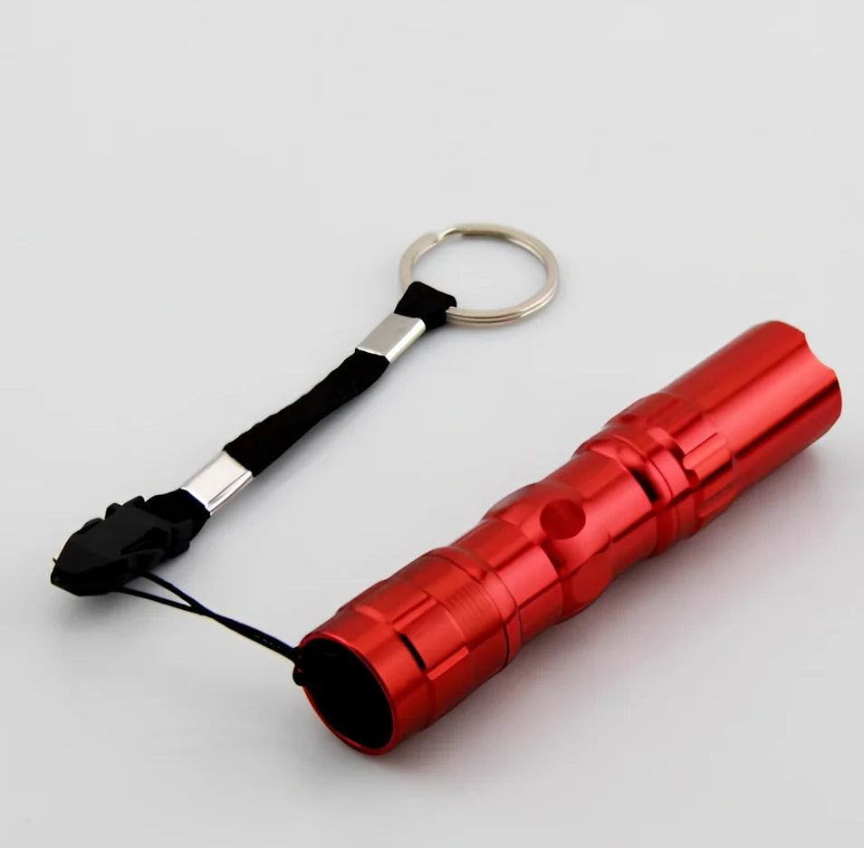 Compact black aluminum LED mini flashlight with 100-200m beam, 9.5cm long for portable use