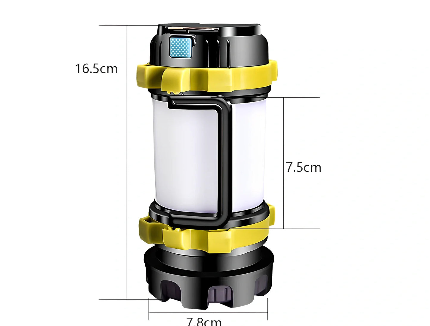 Green camping light with LED display showing multiple lighting modes and USB charging port