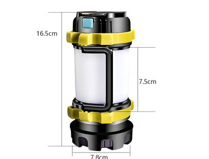 Green camping light with LED display showing multiple lighting modes and USB charging port