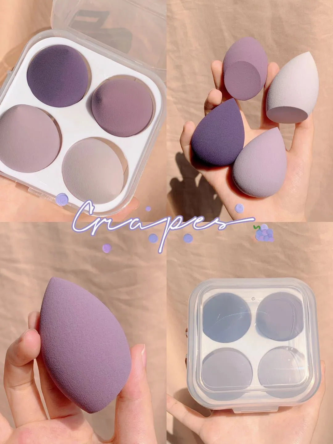 Four synthetic sponge makeup eggs in grape, mango, mint, and peach peach colours