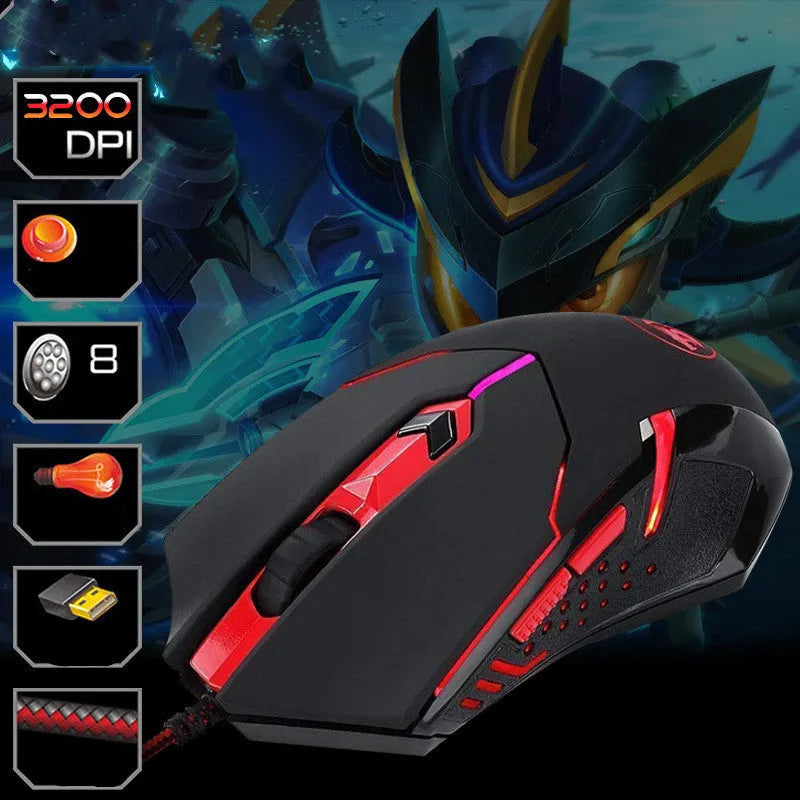 Black and red USB wired optical gaming mouse with six buttons on a desk.