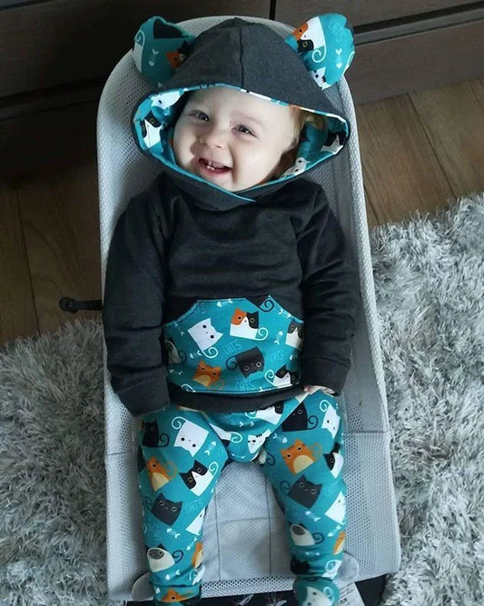 Cotton cat print pants suit for children aged 1-3 years in four height sizes