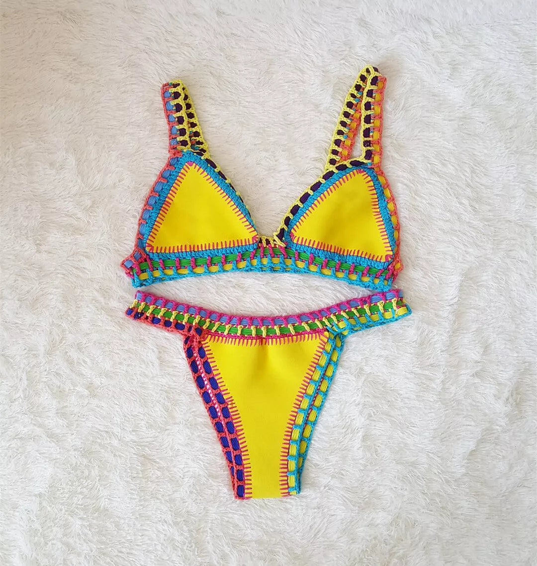 Hand crochet colorful bikini set with spell color rubber accents, available in multiple sizes and colors.