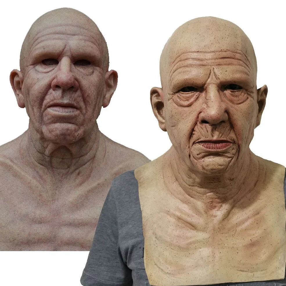 Latex old man Halloween mask with white hair and beard showing realistic facial wrinkles