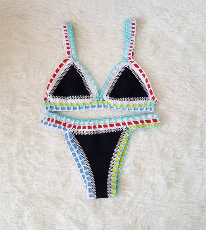 Hand crochet colorful bikini set with spell color rubber accents, available in multiple sizes and colors.