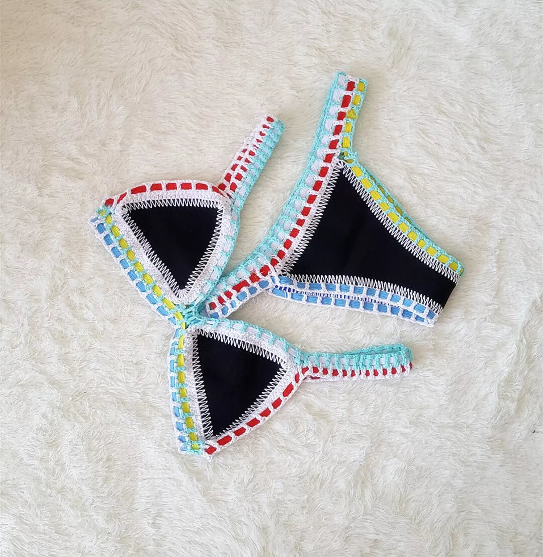 Hand crochet colorful bikini set with spell color rubber accents, available in multiple sizes and colors.