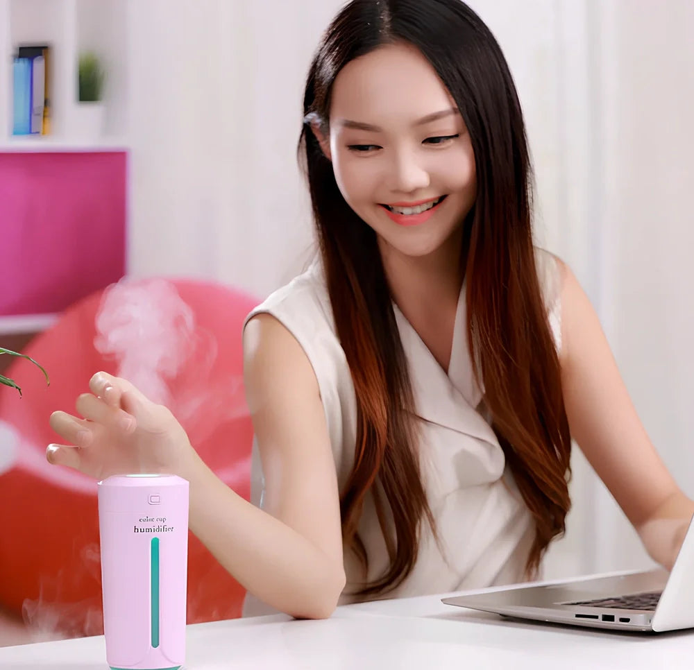Mini USB humidifier with transparent water tank showing 7-colour LED illumination