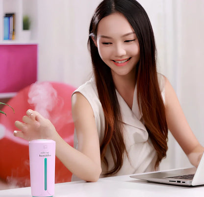 Mini USB humidifier with transparent water tank showing 7-colour LED illumination