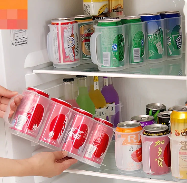 Transparent refrigerator storage box holding 6 beverage cans with dimensions 29.2cm long × 7.7cm wide × 10.8cm high
