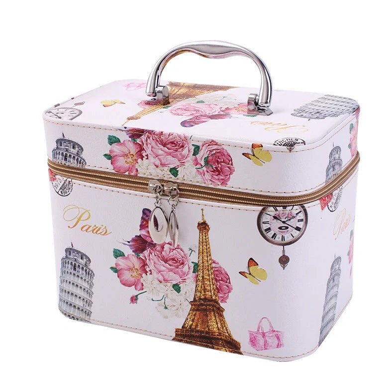 7-inch rigid cosmetic bag with waterproof PU leather and scenic pattern design