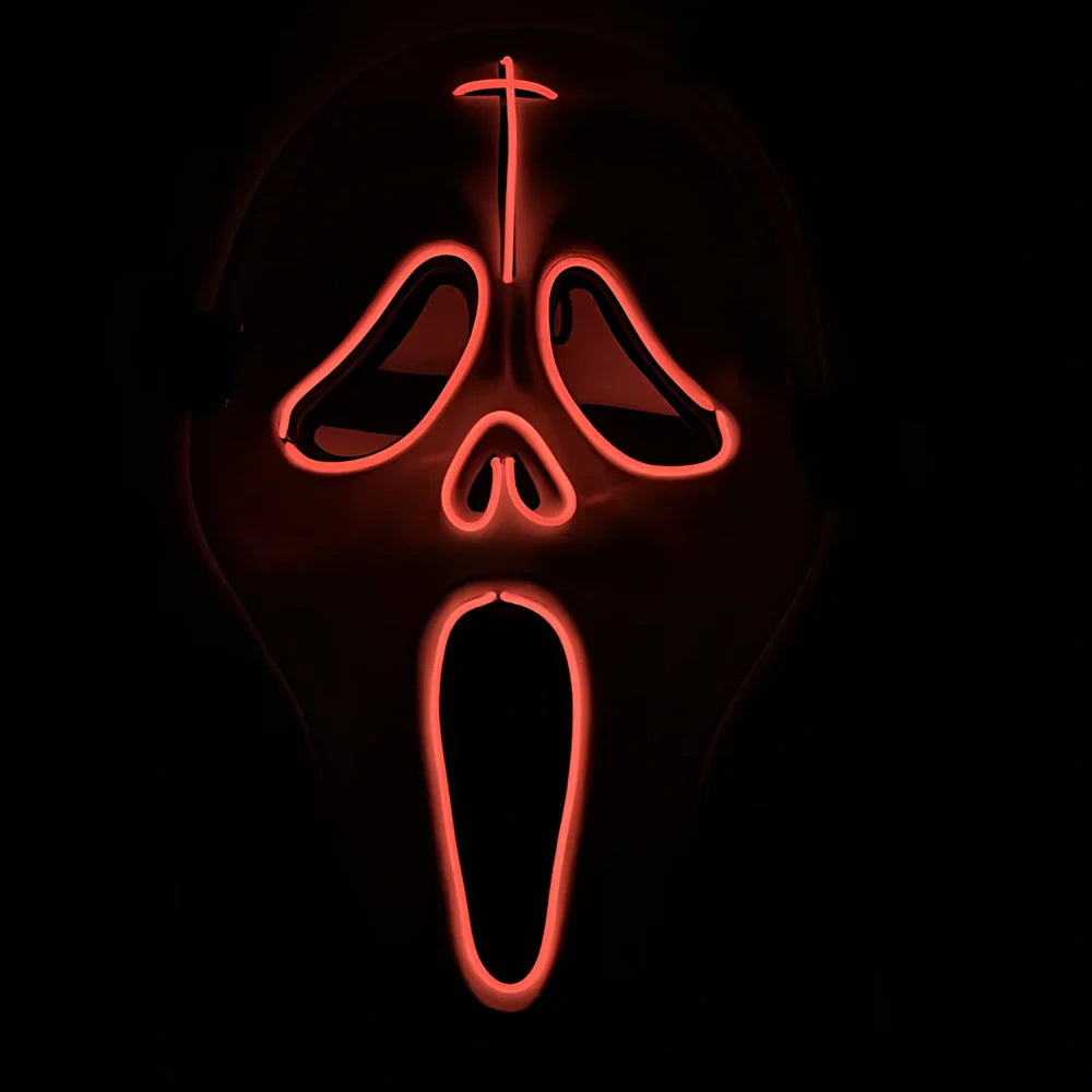 Halloween LED mask with voice control and multiple flash modes measuring 22cm by 18cm