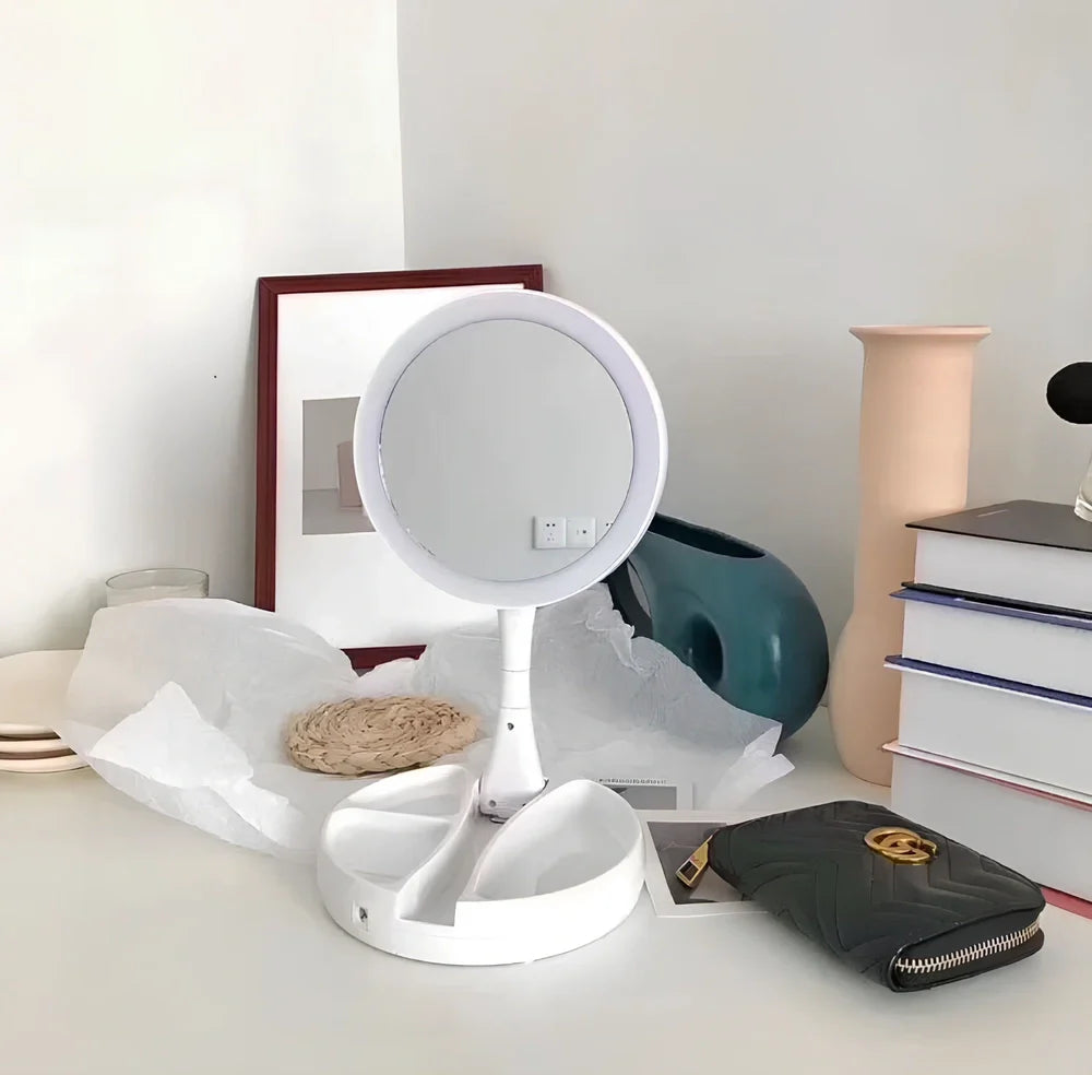 White acrylic double-sided LED vanity mirror showing magnification and normal sides with USB charging port
