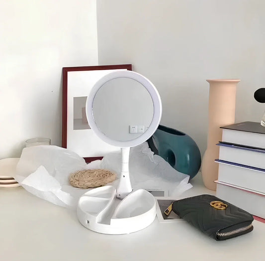 White acrylic double-sided LED vanity mirror showing magnification and normal sides with USB charging port