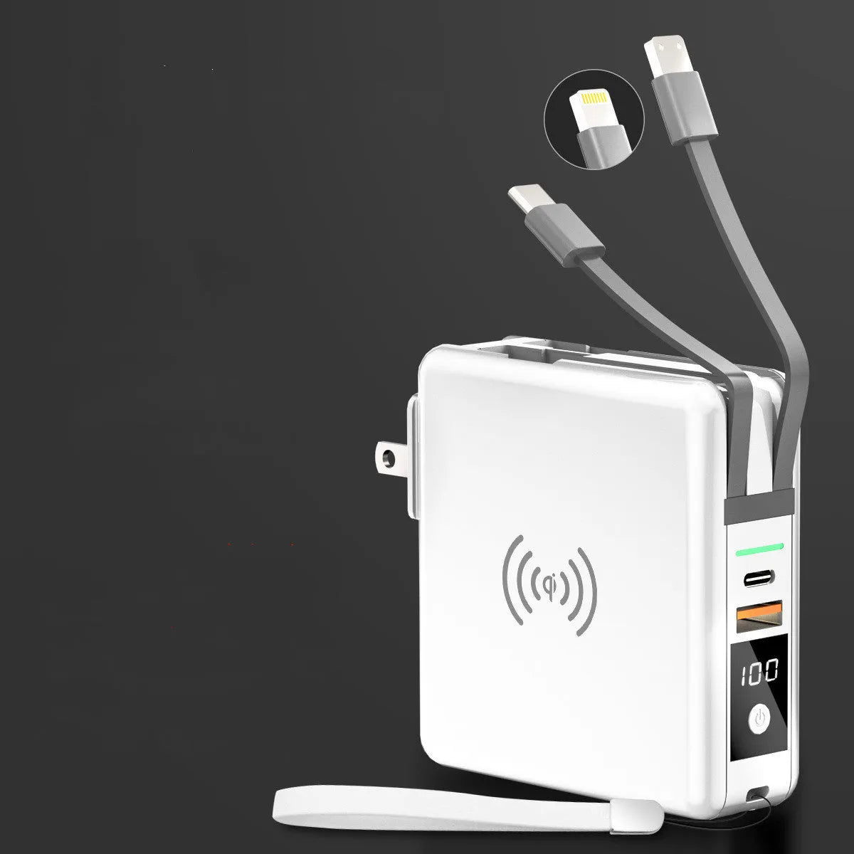 Super QI Wireless Charging Treasure PD20W Fast Power Bank showing integrated plug design and wireless charging surface