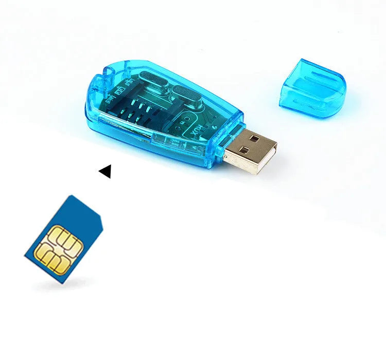 Blue USB SIM card reader for mobile phones placed next to a SIM card.