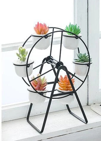 Ferris Wheel stand with 6 cement succulent plant pots in various colors