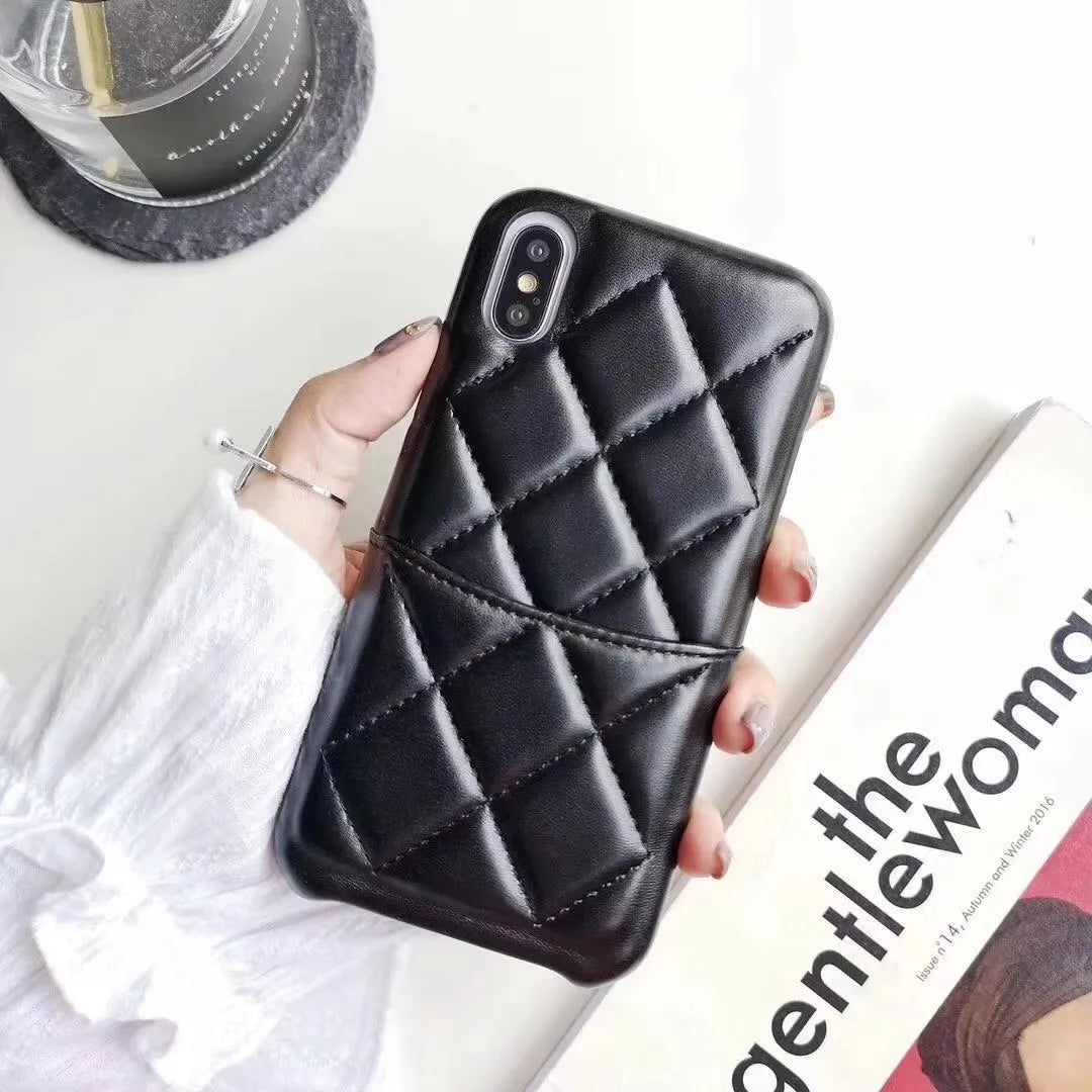Leather mobile phone case for iPhone XS Max in black, pink, and red colour options.
