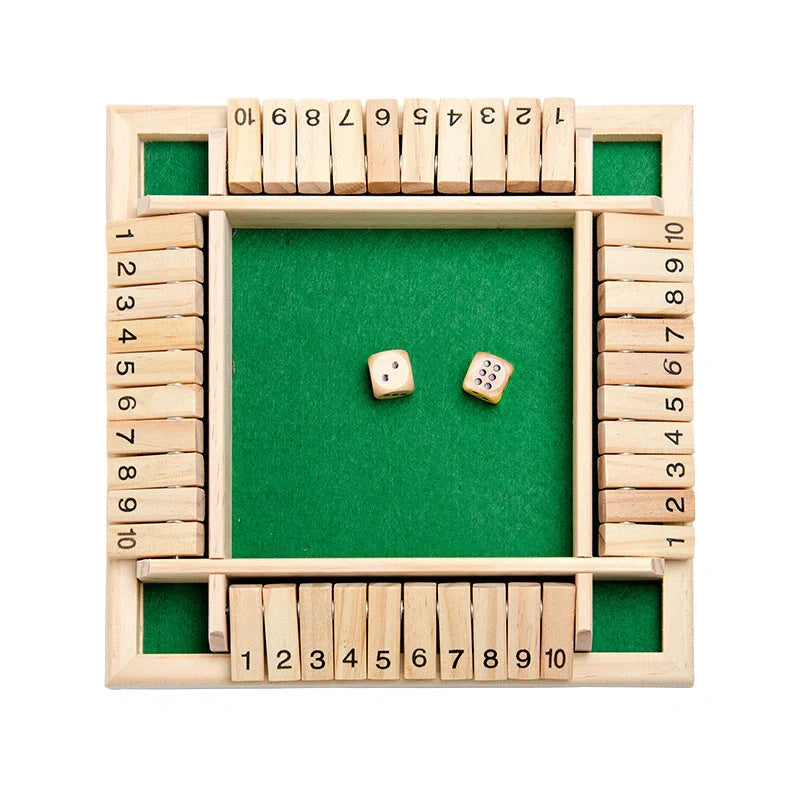 Deluxe four-sided Shut The Box wooden dice game with green flaps for group play