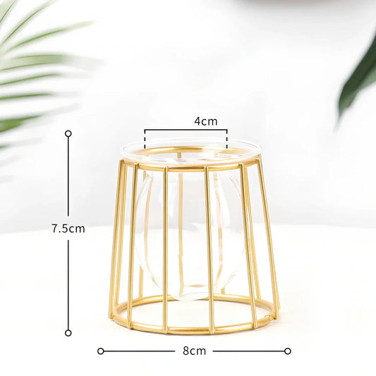 Geometric glass desktop decoration with iron frame in black and gold colours