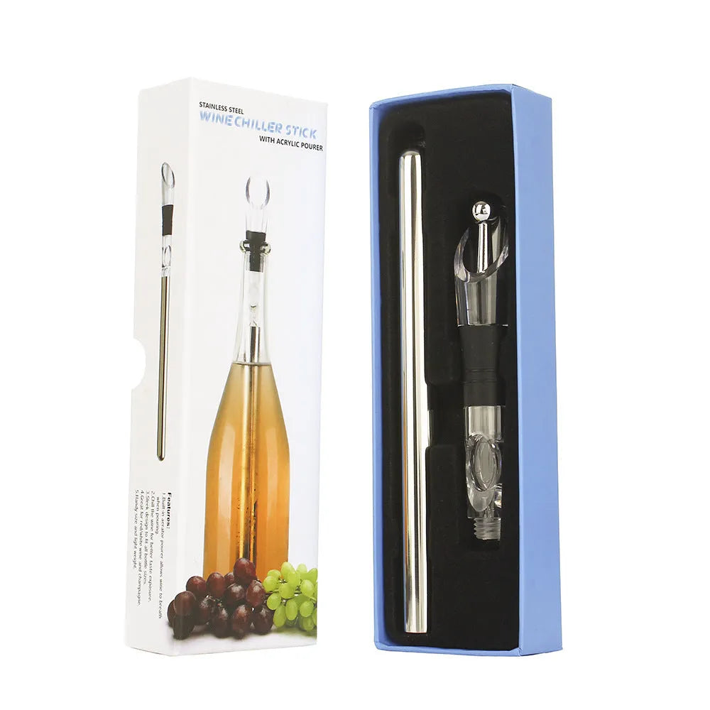 Stainless steel wine chilling rod with acrylic aerator pourer for cooling bottles from inside