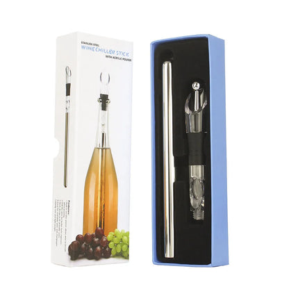 Stainless steel wine chilling rod with acrylic aerator pourer for cooling bottles from inside