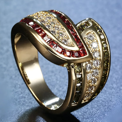 Gold-coloured women's peridot ring with synthetic green stone on alloy band