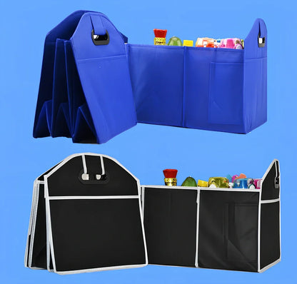 Black folding car storage box with three compartments and multiple pockets measuring 50x32.5x32.5cm
