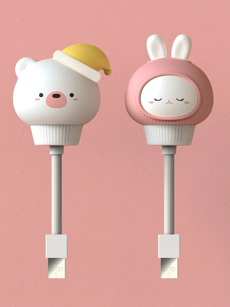 USB portable LED night light with cartoon animal design showing three brightness levels and remote control