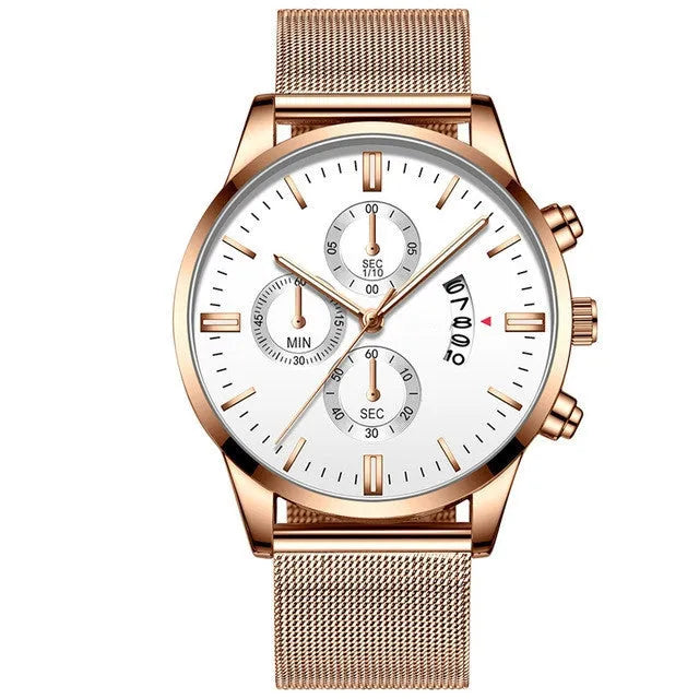 Men's stainless steel mesh band quartz watch showing two-tone colour options on a 4.2cm case.