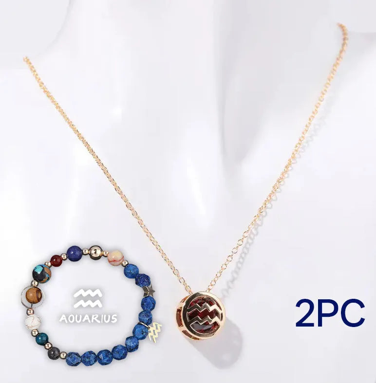 A natural stone beaded necklace and matching adjustable bracelet laid flat.