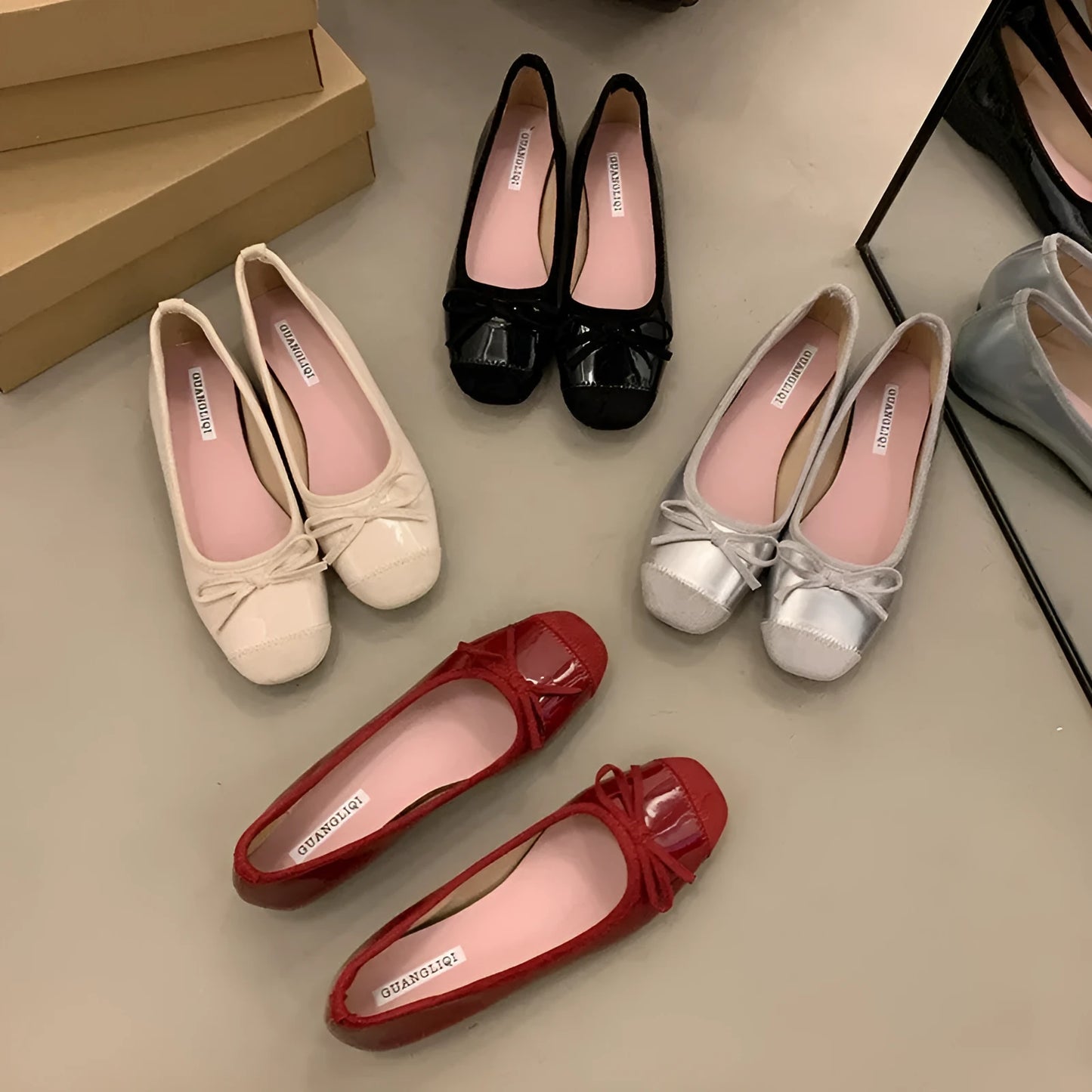 Retro women's ballet pumps with square toe and bow detail in four colour options