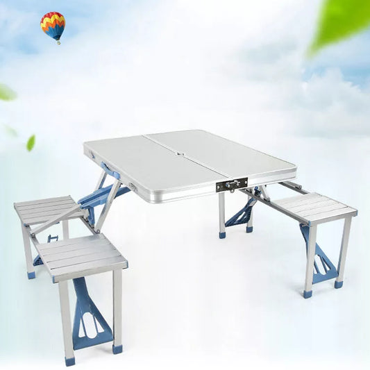 Aluminum alloy folding table and chair set in silver gray and blue, perfect for outdoor use