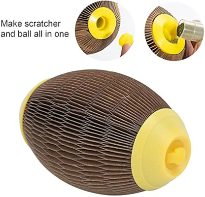 Ellipse-shaped recycled corrugated paper cat toy football with scratch surface and pull-open catnip compartment.