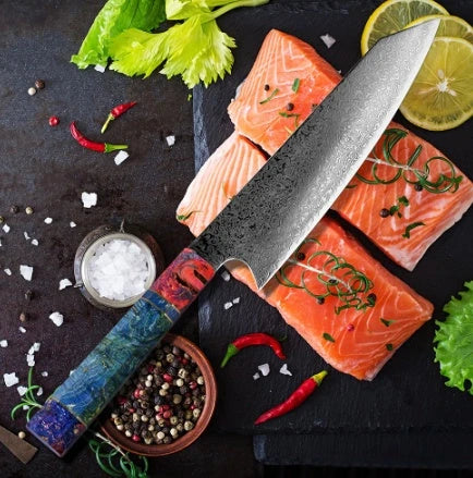 Premium 67-layer Damascus steel chef's knife with elegant brocade pattern, durable corrosion-resistant construction, and ergonomic handle for exceptional cutting performance
