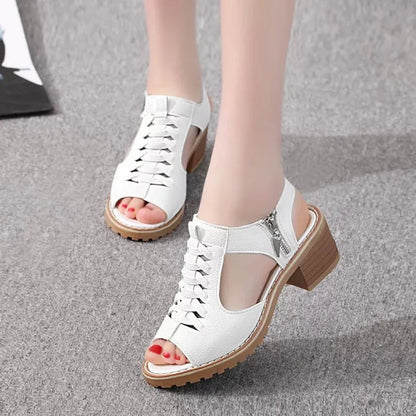Women's retro sandals with side zipper in black, 3-5cm heel, sizes 35-43