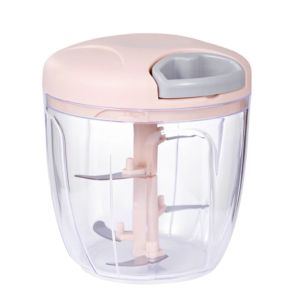 Manual garlic masher in blue, green, and pink colours showing small and large size options
