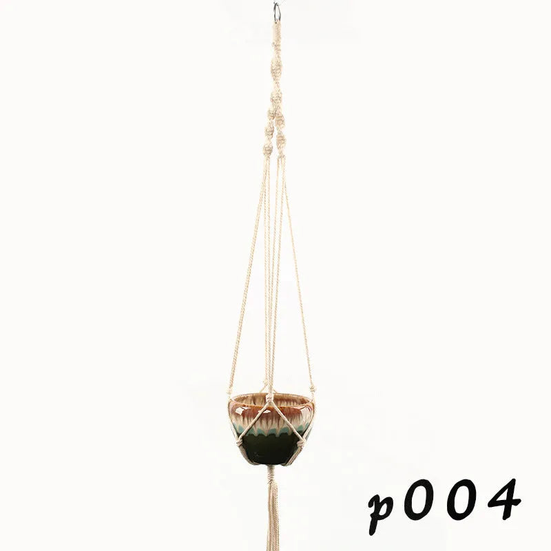 Woven wire lattice plant holder with natural cotton rope, shown in a rustic style supporting a green plant.